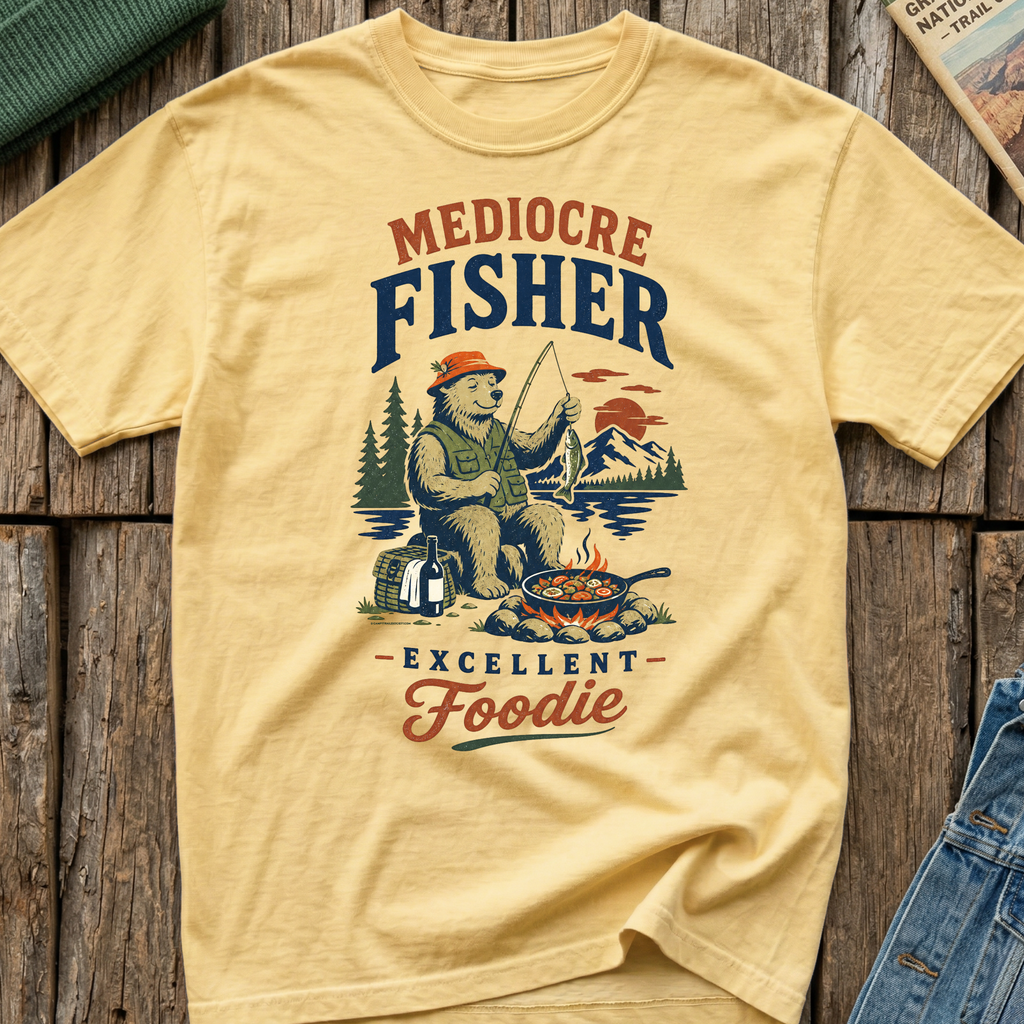 Mediocre Fisher, Excellent Foodie T-Shirt