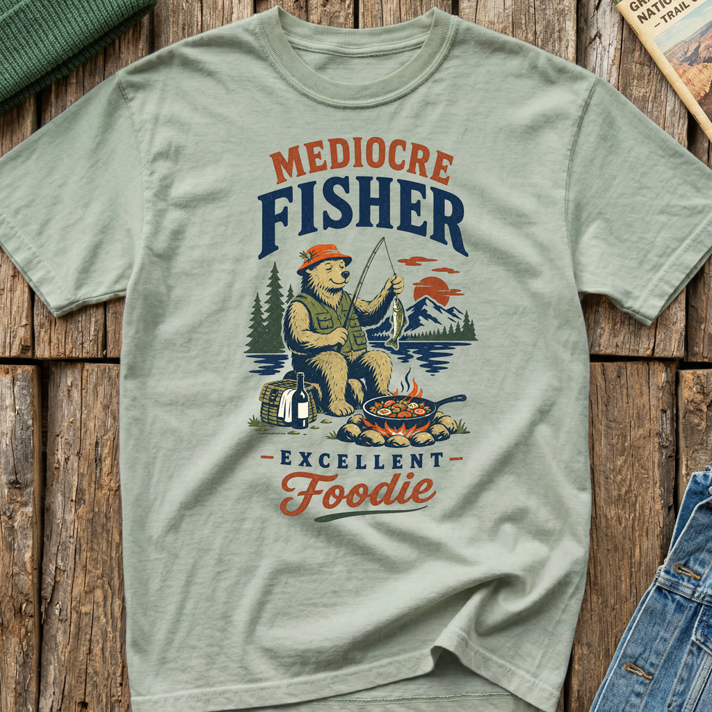 Mediocre Fisher, Excellent Foodie T-Shirt